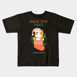 Deck the Paws (Deck the Halls) Christmas Cat in a Stocking Kids T-Shirt